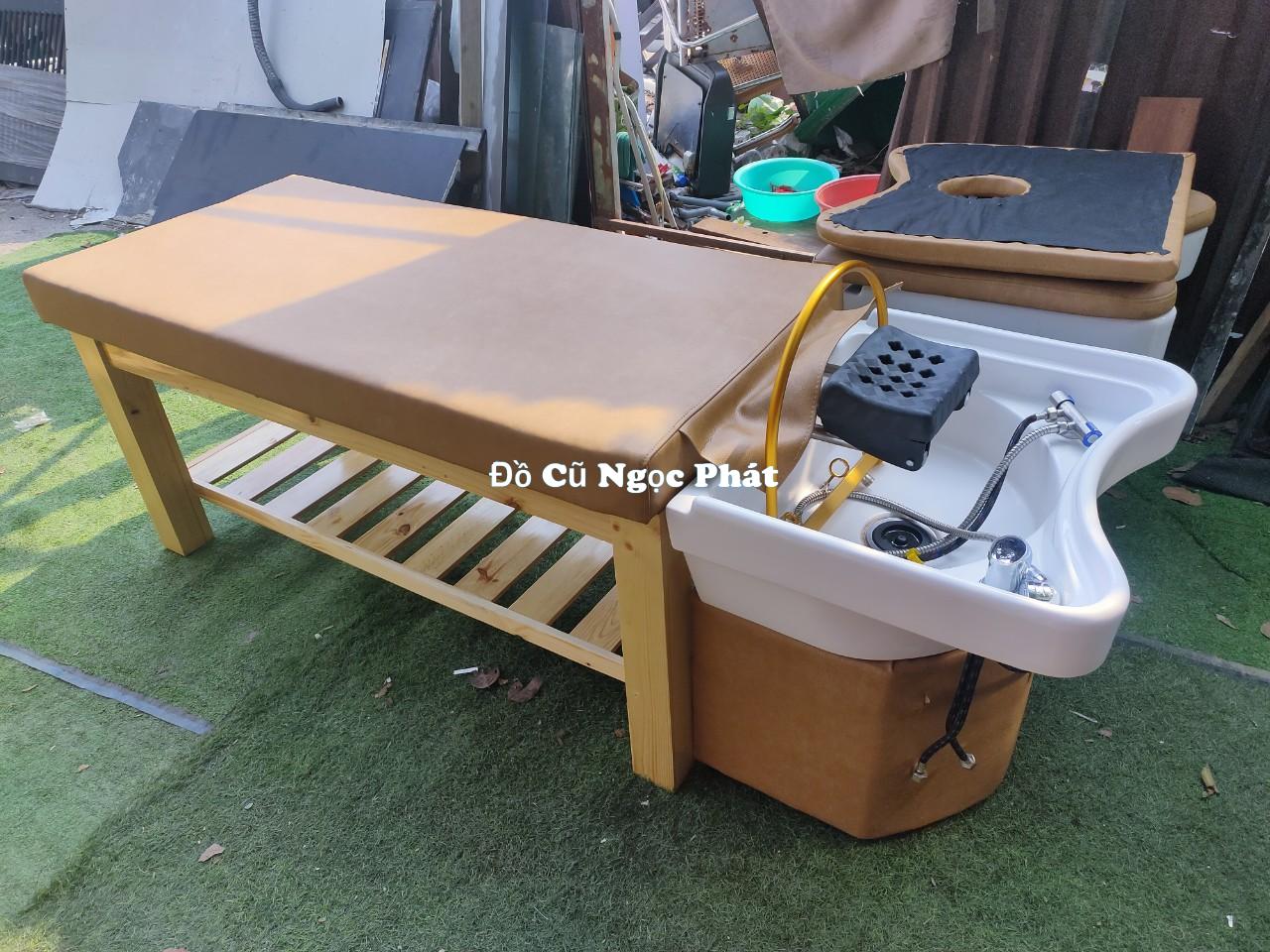 Thanh lý giường gội đầu bồn sứ giá rẻ 1 Giường Gội Đầu Bồn Sứ 2 trong 1 với Chân Gỗ Thanh Lý